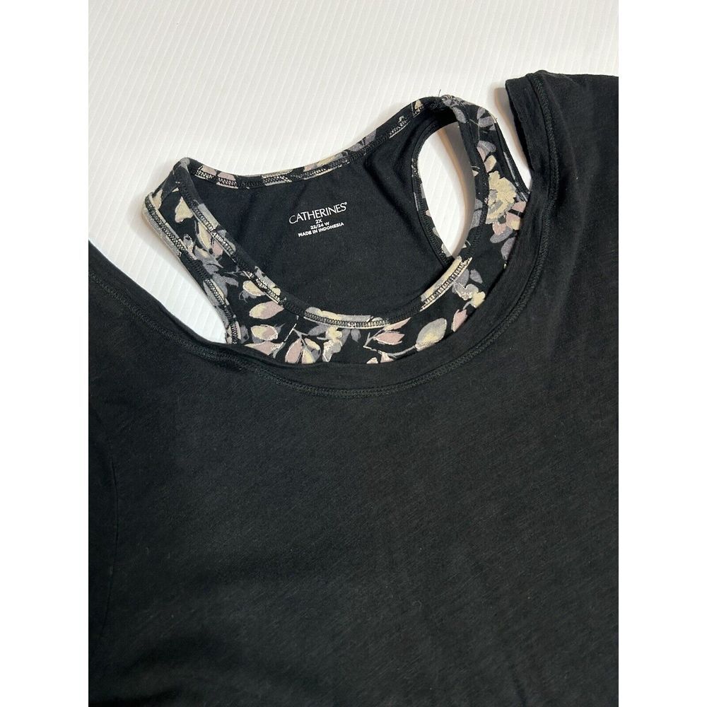 Catherines Womens 2X Black Cold Shoulder 3/4 Length Sleeve 2 Shirt‎ Look Shirt